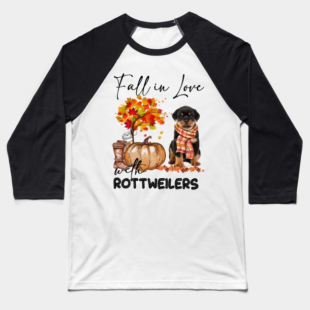 Fall In Love With Rottweilers Fall Pumpkin Thanksgiving Baseball T-Shirt by Red and Black Floral